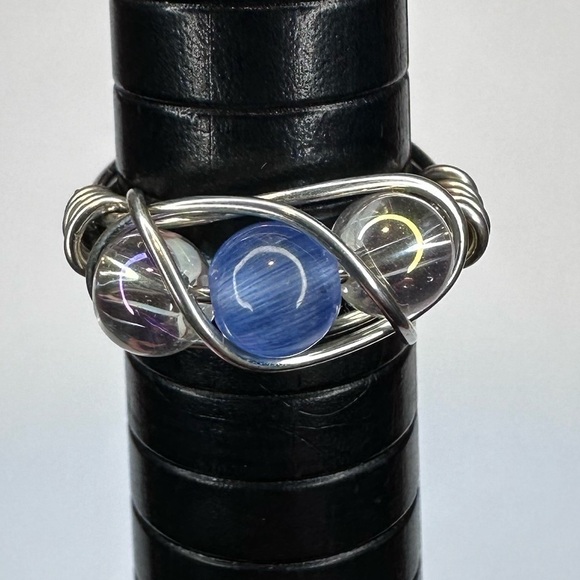 Blue ring clear iridescent glass beads silver color wire wrap handmade - Picture 2 of 5
